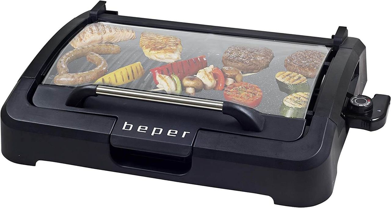 beper 90.871 Elektrogrill mit Glasdeckel, beschichtete Grillplatte, Edelstahl, 2200 W