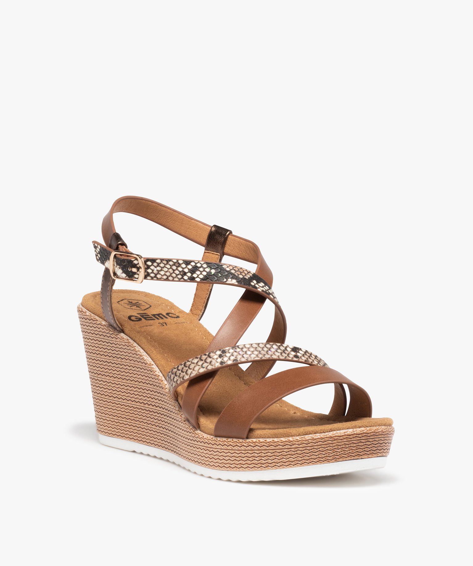 Sandales femme compensées à brides fantaisie marron | GEMO