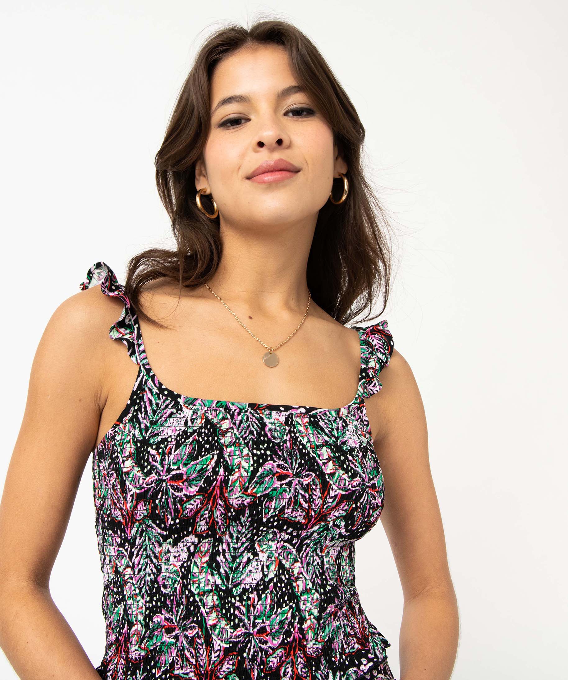 Blouse femme sans manches fleuri coupe courte imprime | GEMO