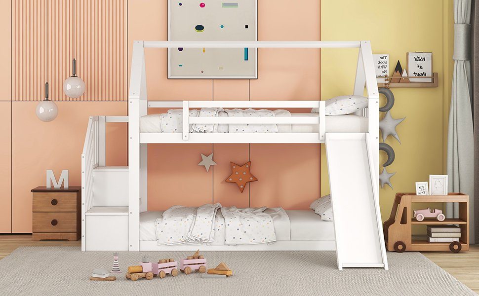 OKWISH Bett Etagenbett, Kinderbett, Hausbett 90x200cm (mit Stauraumtreppe und Rutsche, mit Geländer), geeignet für Kinder, Jugendliche, Ohne Matratze