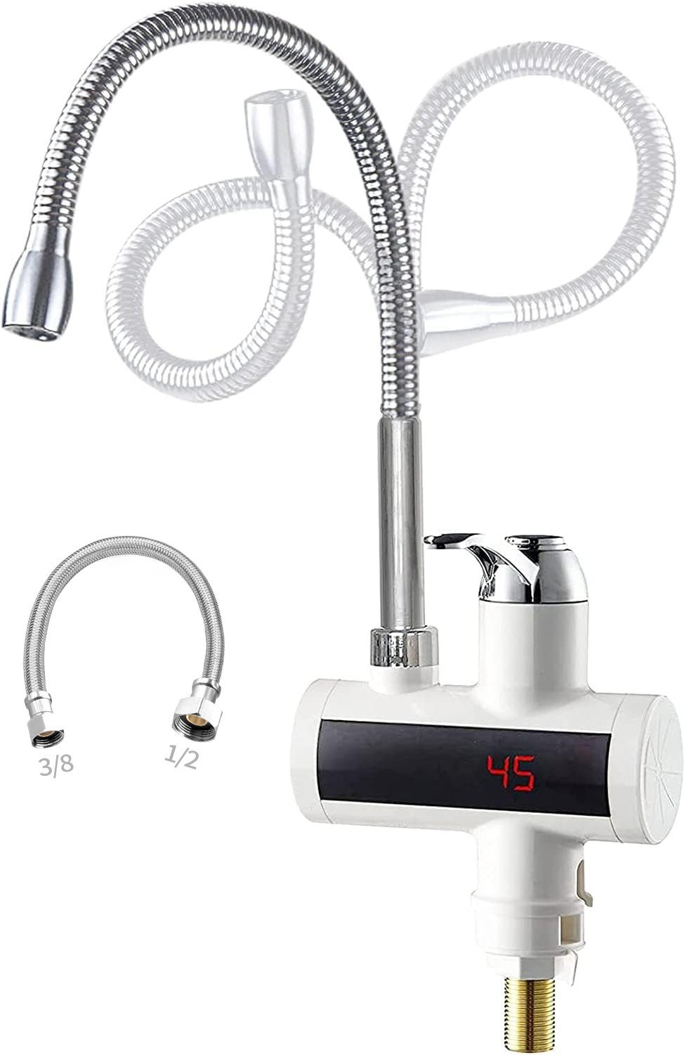 Daskoo Durchlauferhitzer Elektrisch Temperaturanzeige einstellbar schwenkbar Wasserhähnen, max 60,00 °C, Temperaturanzeige 50-60 ℃,IPX4 Küchenarmatur