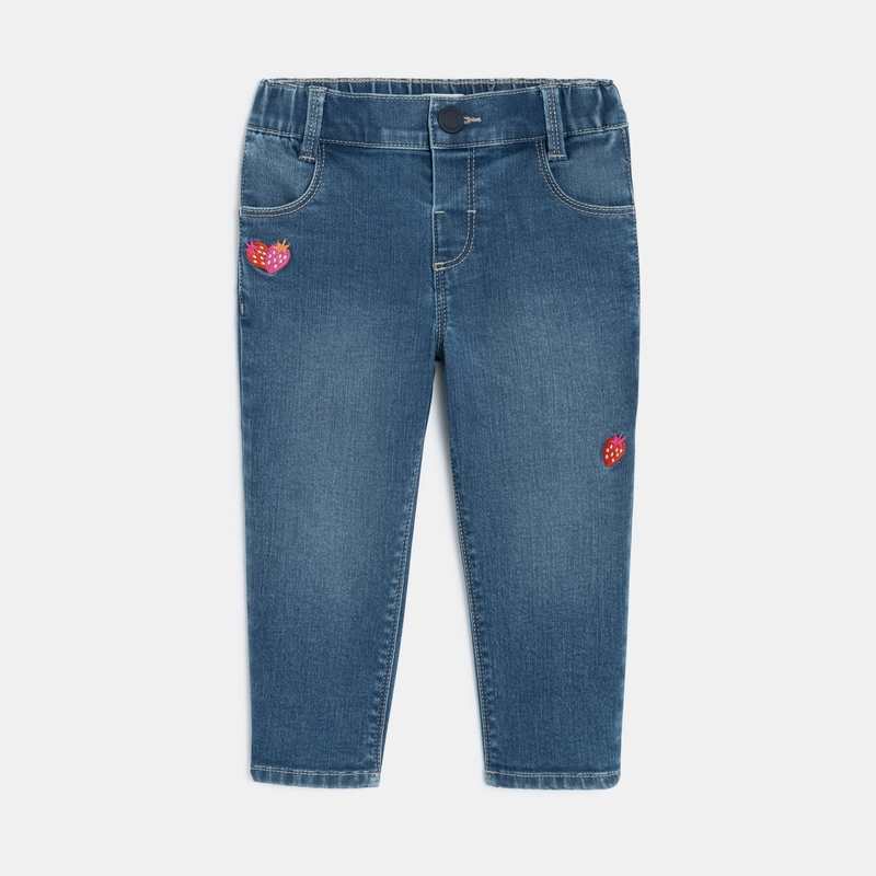 Jean relaxed bébé fille bleu à broderies fraises Catimini