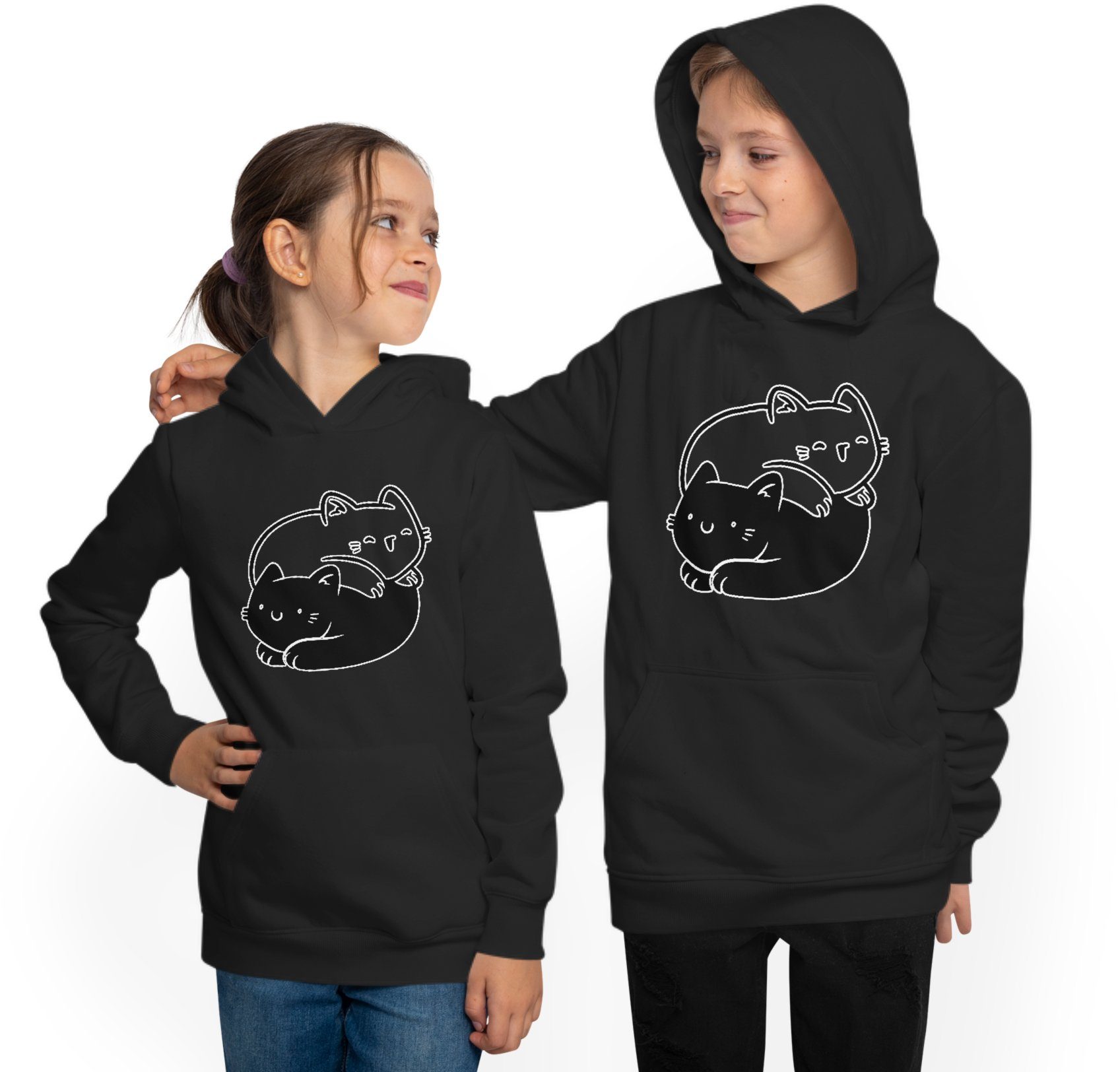 MyDesign24 Hoodie Kinder Sweatshirt mit Kapuze - Yin Yang Katzen Kapuzensweater mit Aufdruck, schwarz, i112