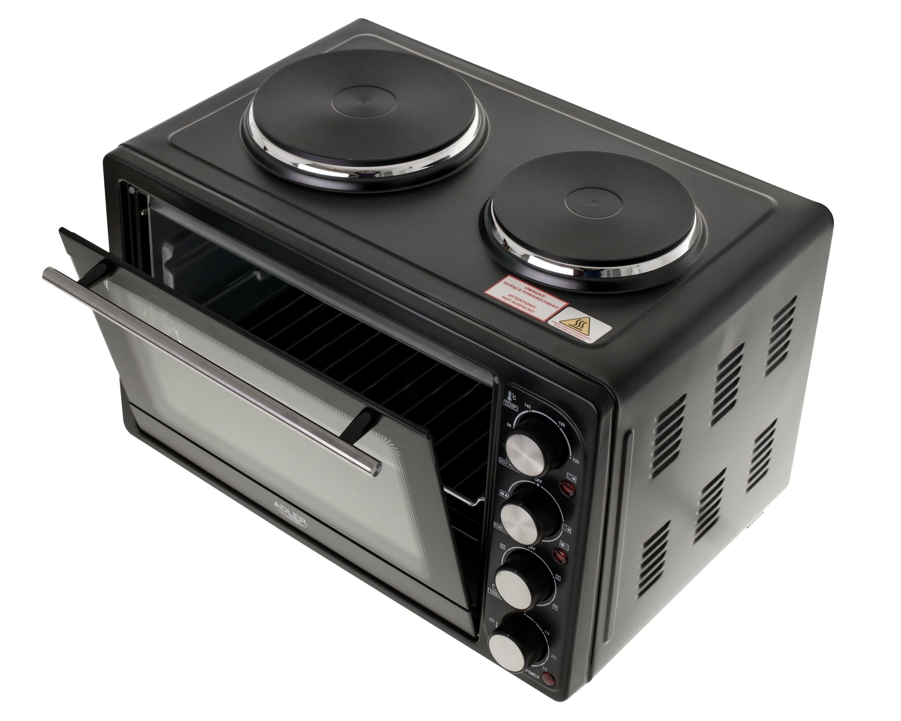 JUNG Minibackofen ADLER AD6020 Minibackofen 36L mit 2 Kochplatten, Umluft / Heißluft, Mini Backofen mit Herdplatte, 4600W, Timer, kleiner Backofen klein
