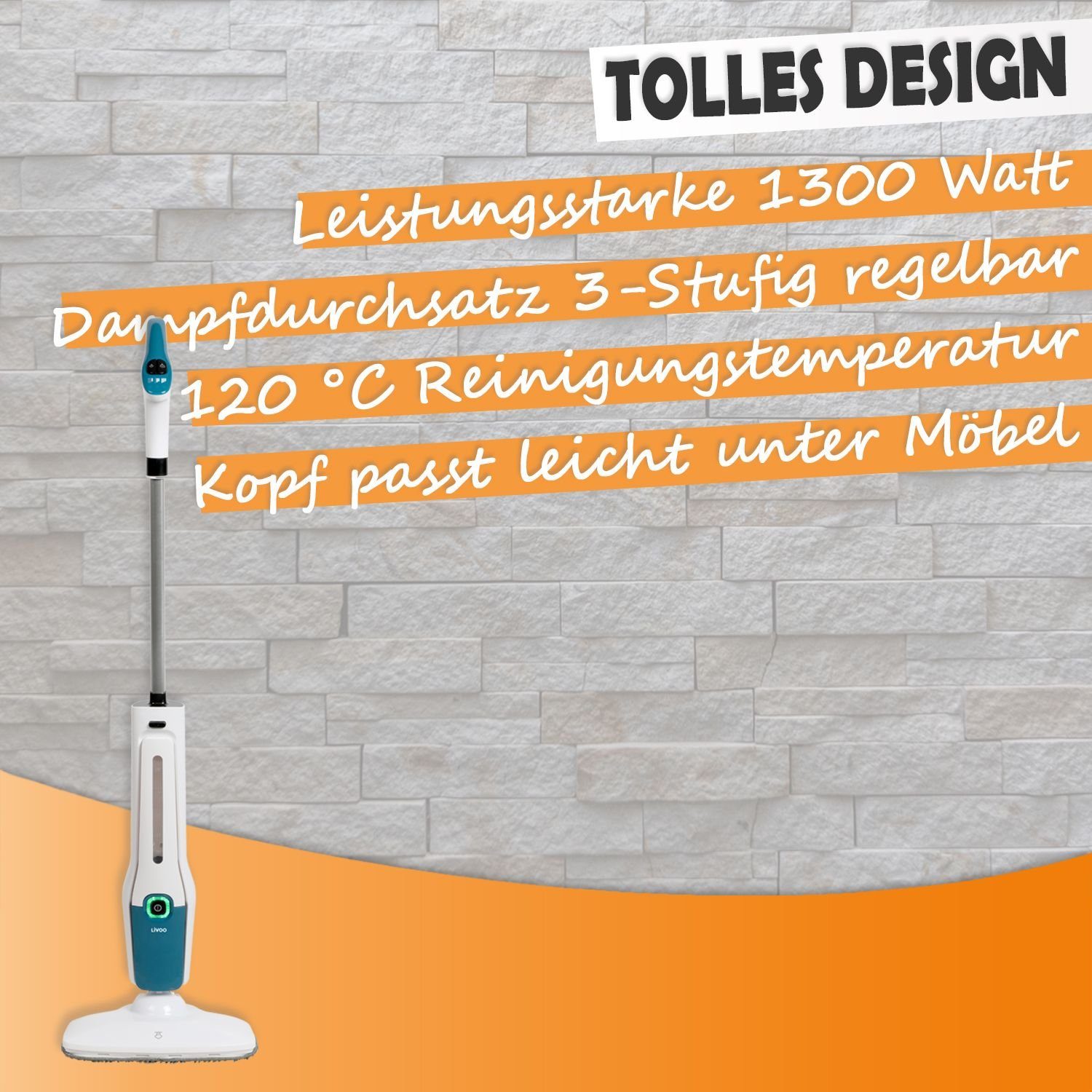 LIVOO Dampfreiniger LIVOO Dampfreiniger Dampfbesen 1300 Watt 450 ml Behälter 3