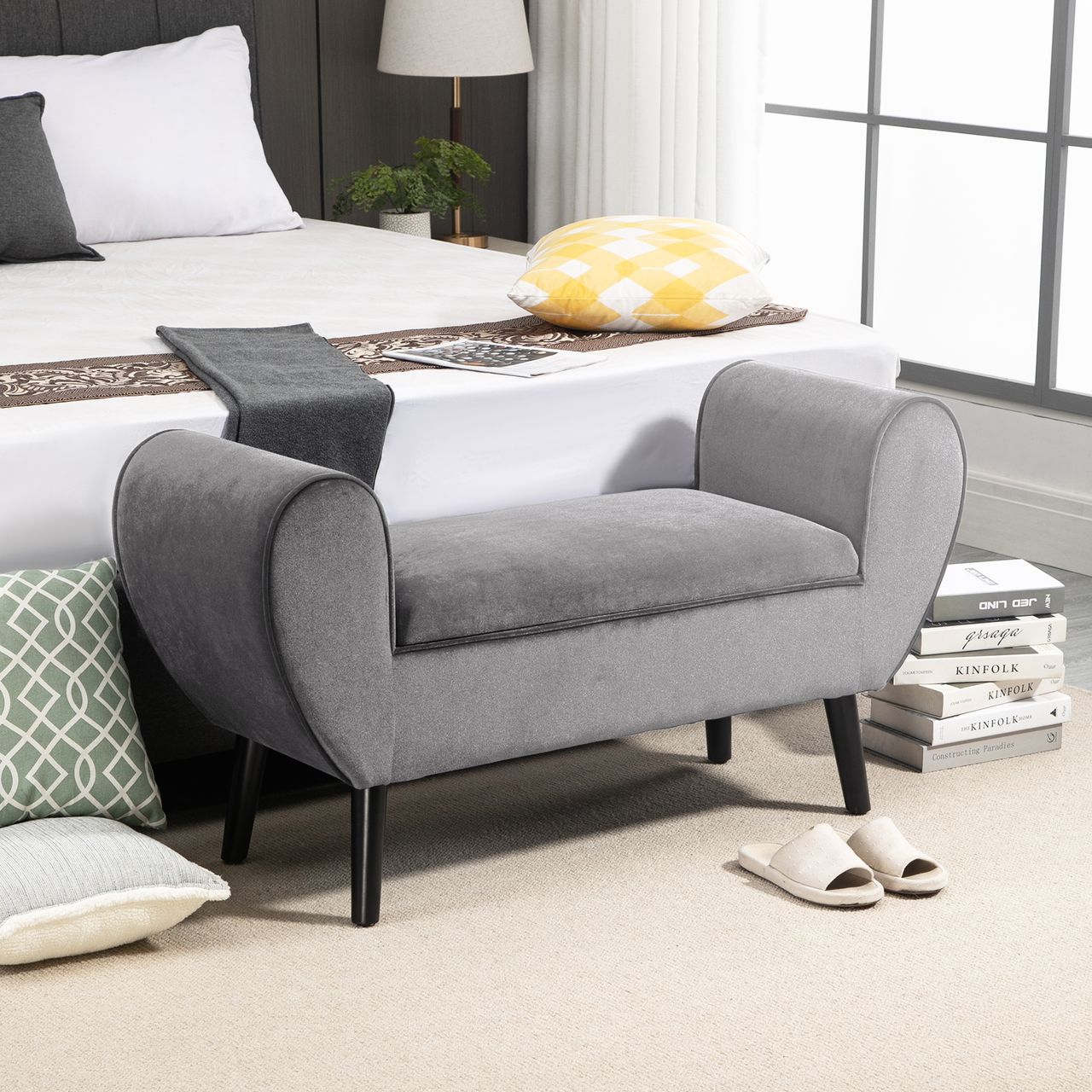 HOMCOM Sitzbank Polsterbank mit Stauraum Armlehnen Truhenbank modern Flur Schlafzimmer Wohnzimmer samtartiges Polyester Gummiholz Grau 118 x 42 x 66 cm