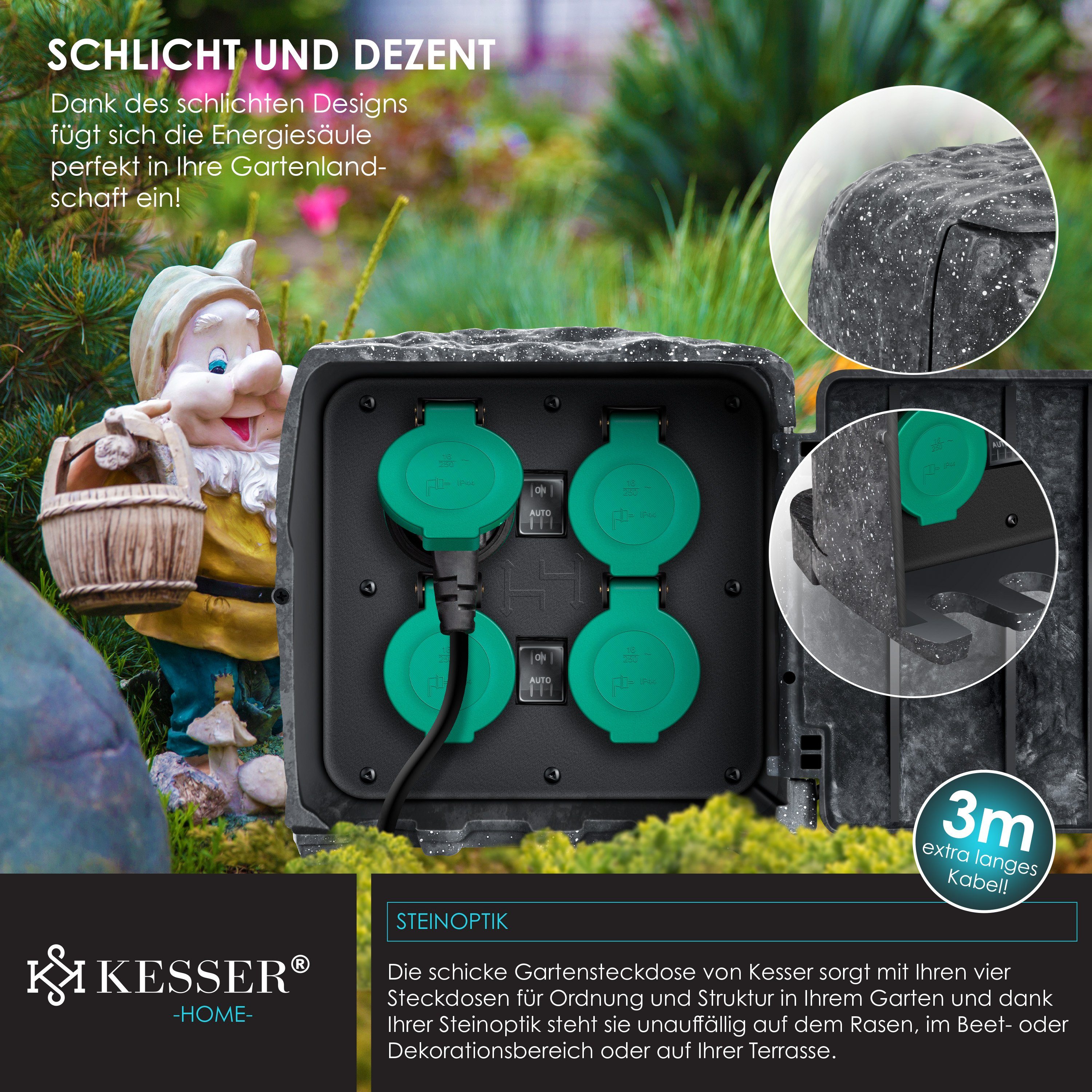 KESSER Gartensteckdose, Gartensteckdose Steinoptik mit Steckplätzen Inkl.Erdspieß