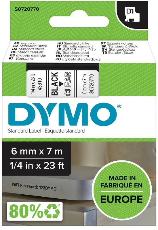 Dymo D1 S0720770 / 43610 Authentic Schriftband Selbstklebend Schwarzer Druck auf Transparent 6 mm x 7m