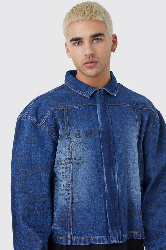 Kastige Jeansjacke mit Text Laser-Print