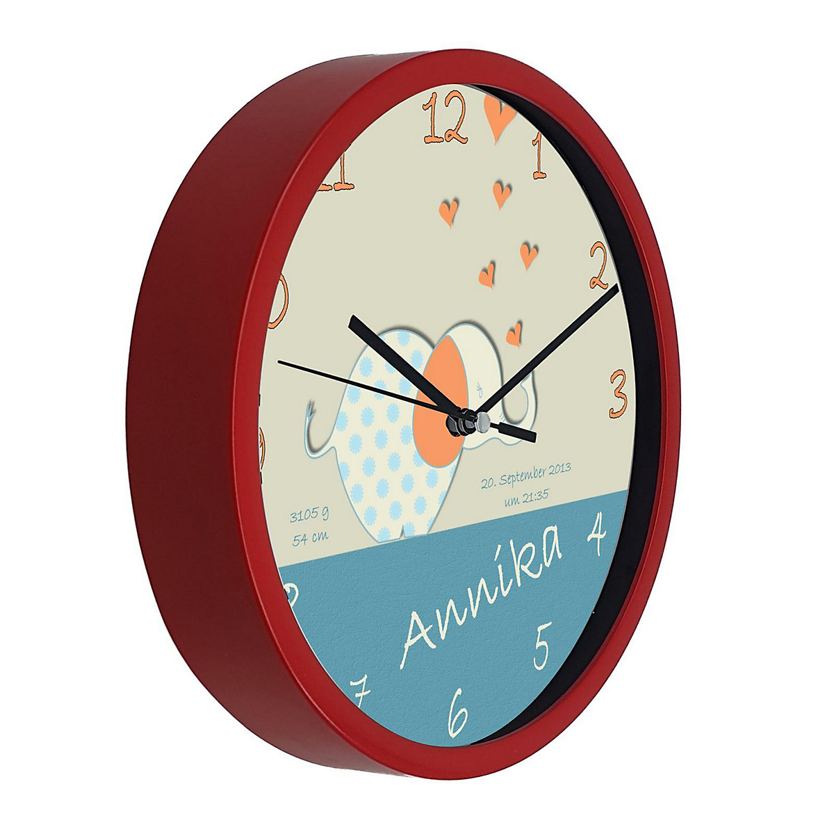 Kinder Wanduhr laufruhig personalisiert mit Name Elefant orange blau