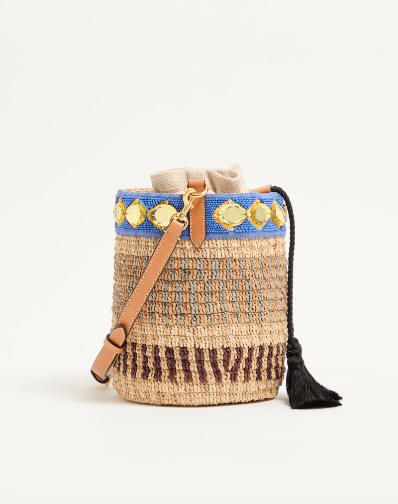 Valentino Garavani lille broderet raffia-buckettaske