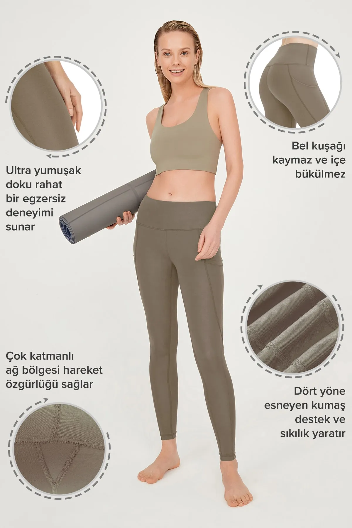 LOS OJOS  Dunkle Khaki-Sportleggings mit hoher Taille und doppelter Tasche für Damen