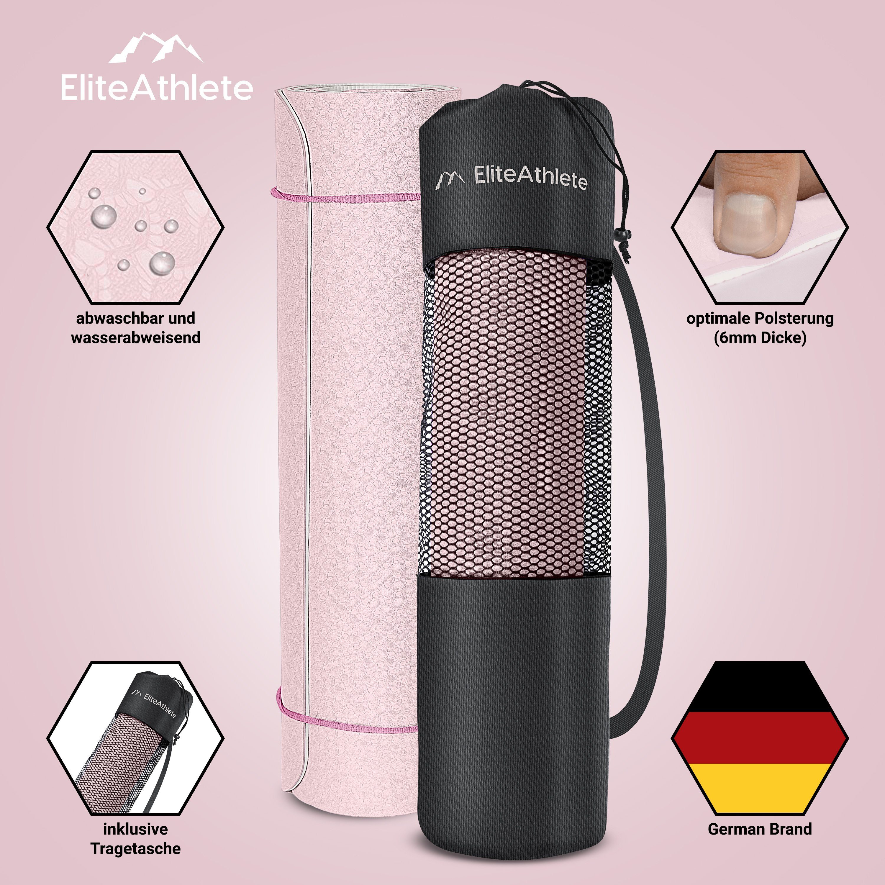 EliteAthlete Yogamatte EliteAthlete® Yogamatte - Sportmatte - Fitnessmatte - Yoga Matte (Set bestehend aus: Matte, Transporttasche, Transportband)
