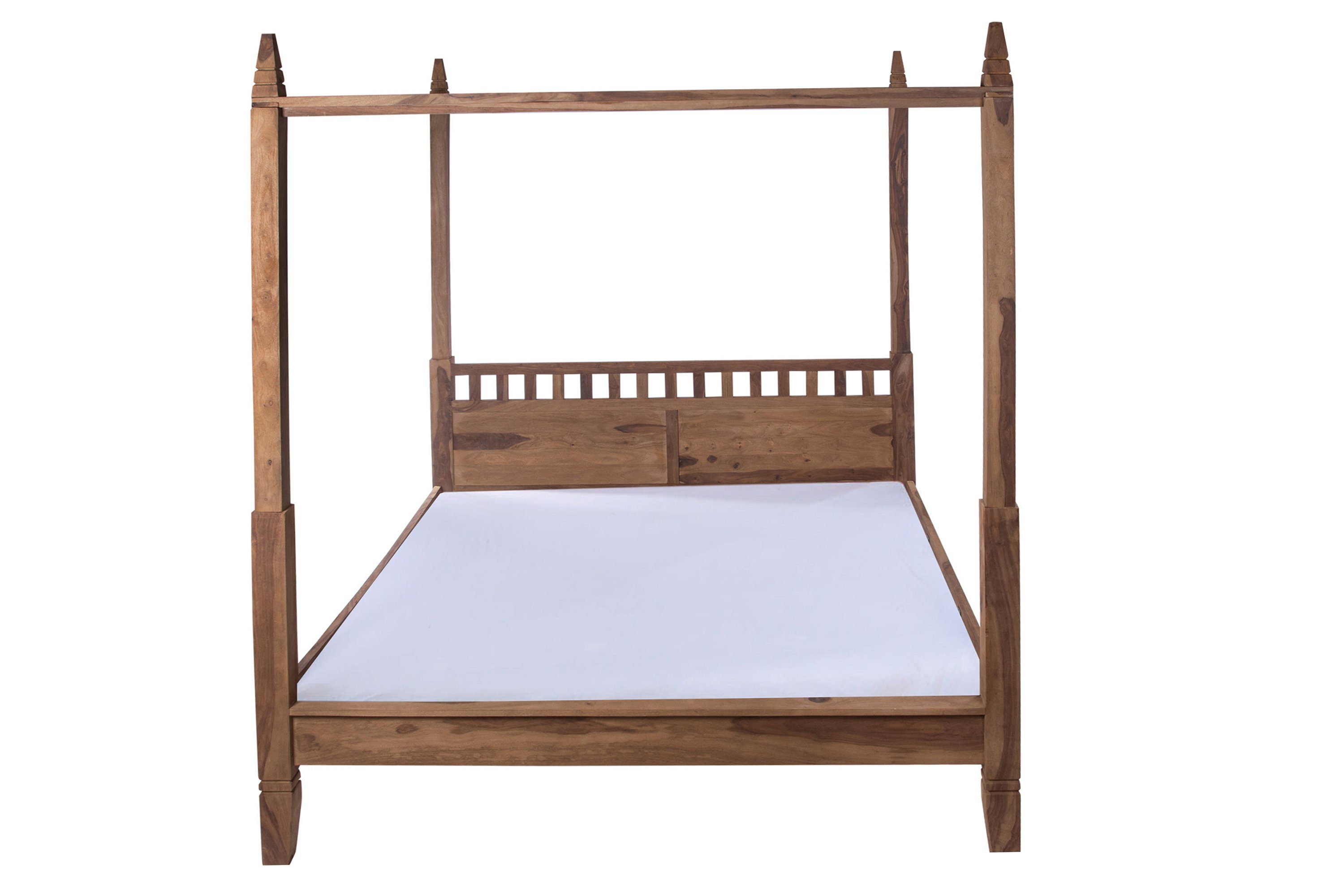 Junado® Himmelbett Zoe, Akazienholz, verschiedene Größen, mit hellem Stoffvorhang