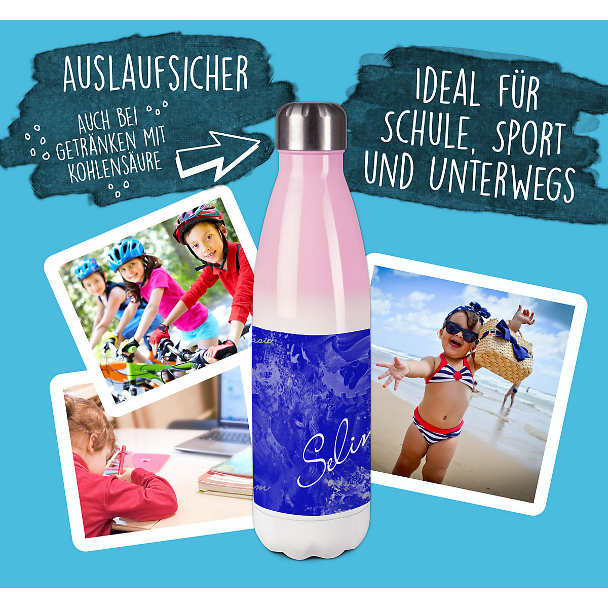 Edelstahl Kinder Thermoflasche / Trinkflasche bunt Traum Farbe blau Spülmaschinenfest, Auslaufsicher, Bruchfest, Doppelwandig, Für Heißgetränke geeignet, Mit Deckel, Isoliert