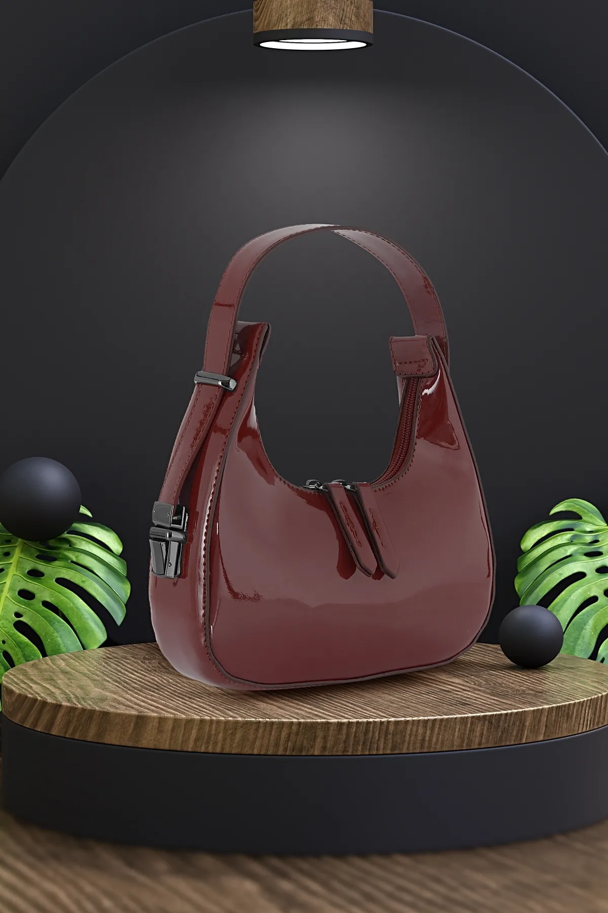 Tonny Black  Original Neue Saison Kirschrot Glänzendes Lackleder Baguette Modell Einäugig Stilvolle Handtasche und Schultertasche Weinrot