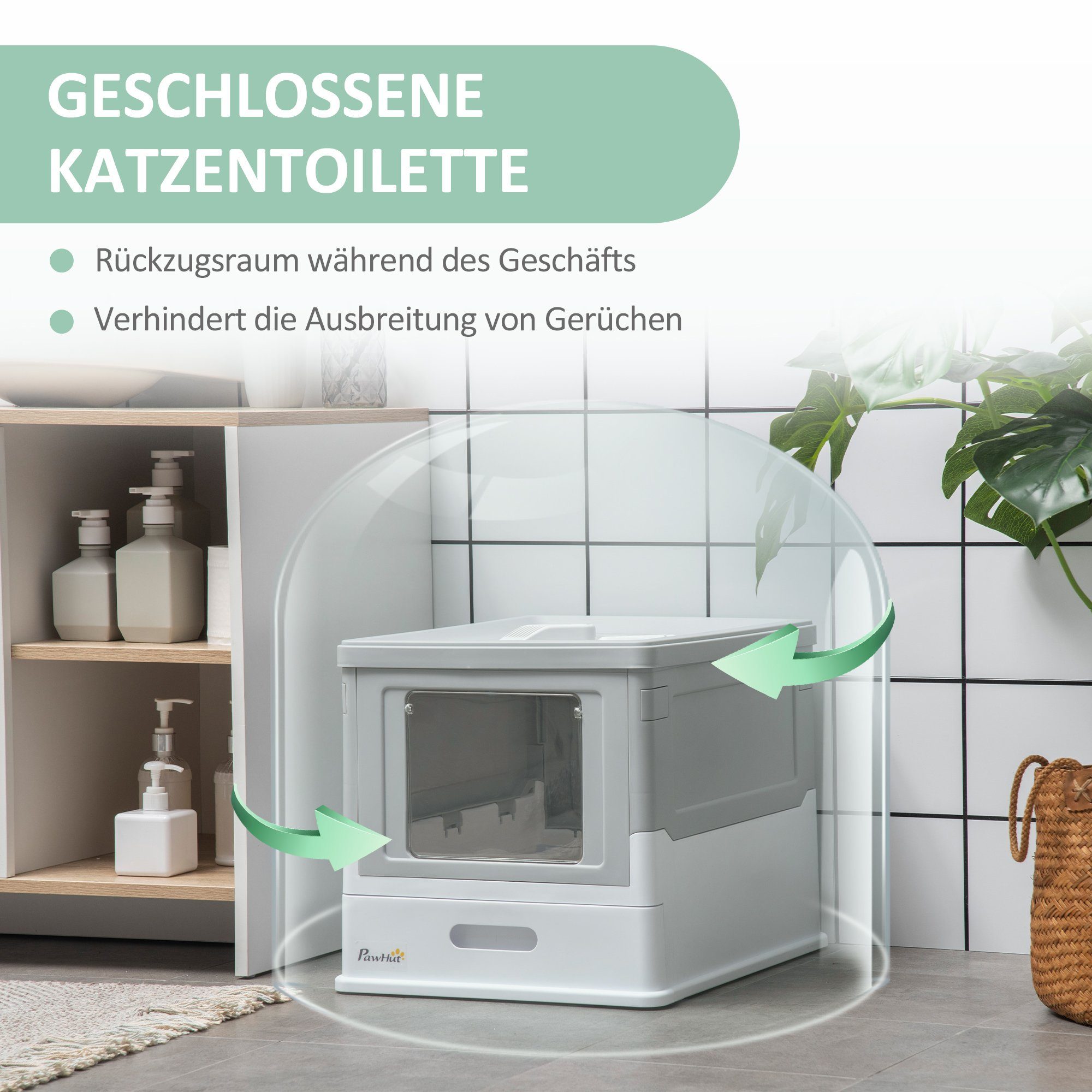 PawHut Katzentoilette Katzenklo mit Deckel Katzenhaus mit Bodenschale Kunststoff Weiß+Grau, BxTxH: 47.5x35.5x36.7 cm