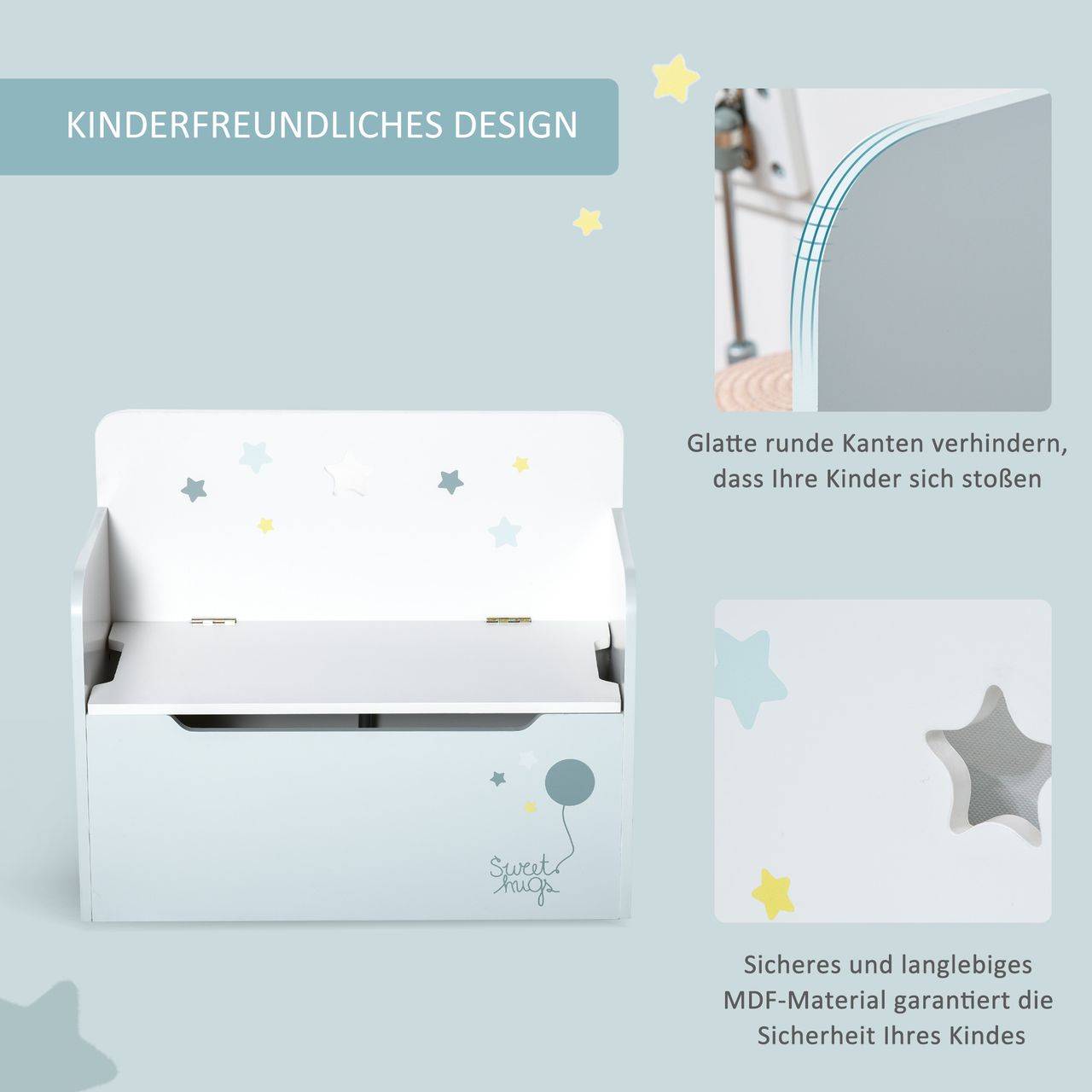 HOMCOM Kindersitzbank mit Stauraum 2-in-1 Truhenbank Spielzeugkiste Aufbewahrungstruhe 3-8 Jahre Kindermöbel Hellblau 60 x 30 x 50 cm