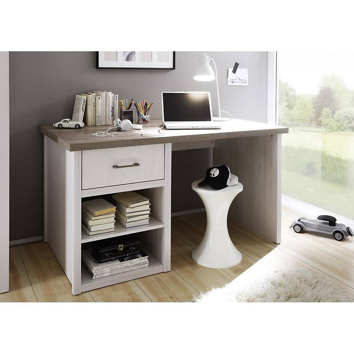 Schreibtisch im Landhausstil LUND-78 in Pinie weiß Nb./Trüffel Eiche Nb., B/H/T: ca. 141/77/81 cm