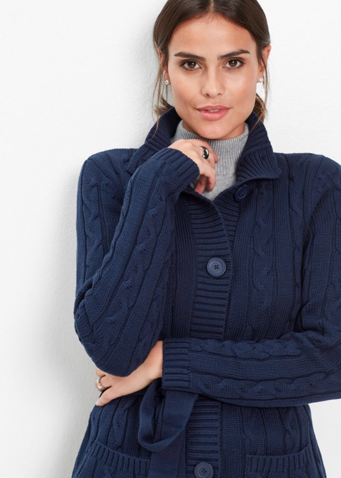 Longstrickjacke mit Zopfmuster