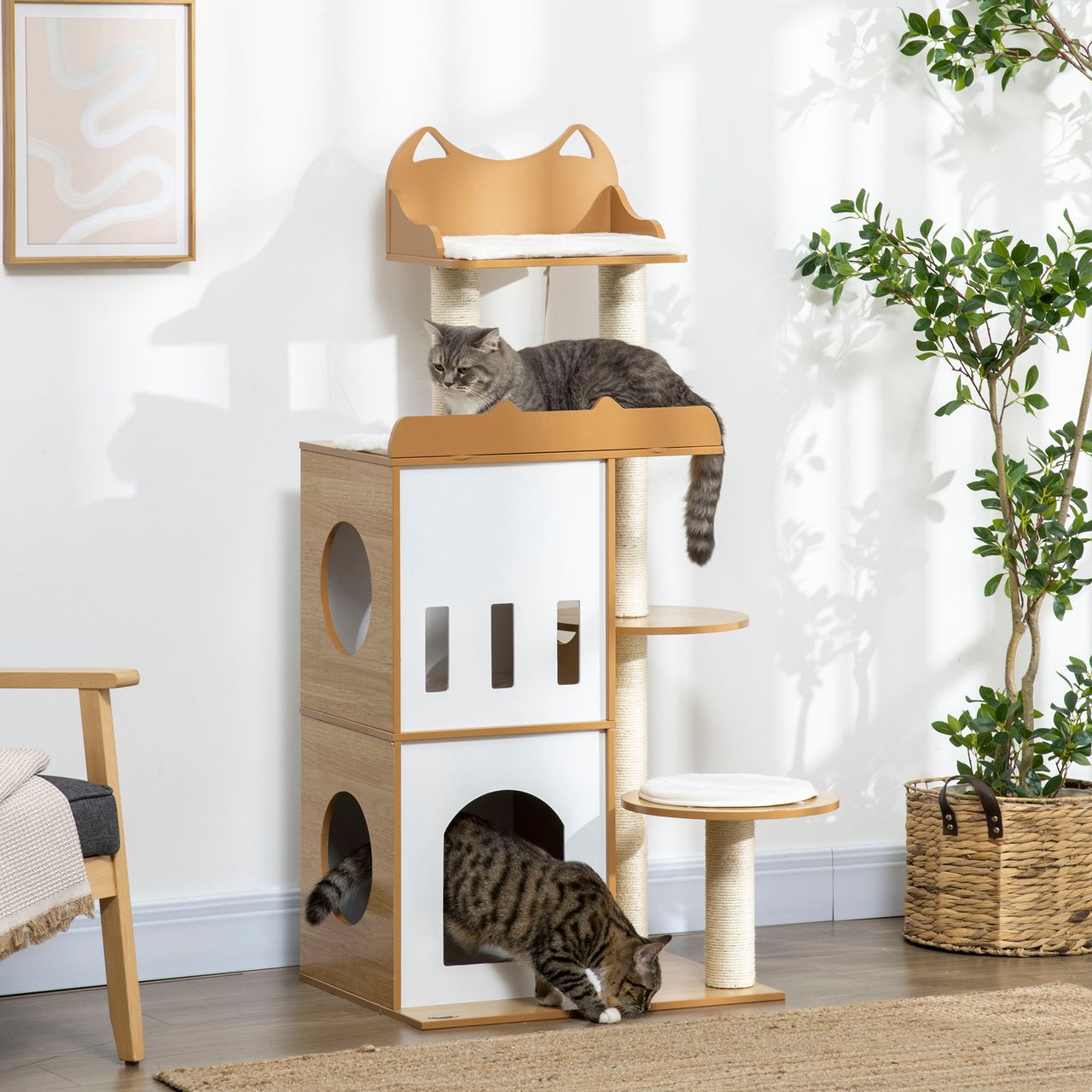 PawHut Kratzbaum, 133 cm, Kletterbaum mit 2 Katzenhöhlen, Katzenbaum, Eiche Weiß
