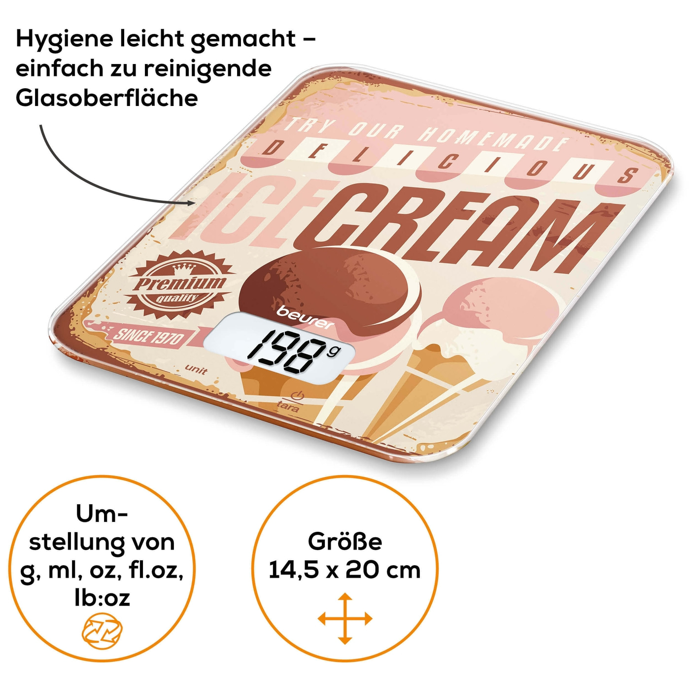 Beurer Küchenwaage KS 19 Ice Cream-Küchenwaage mit stylischer Glasoberfläche & Tarafunktion
