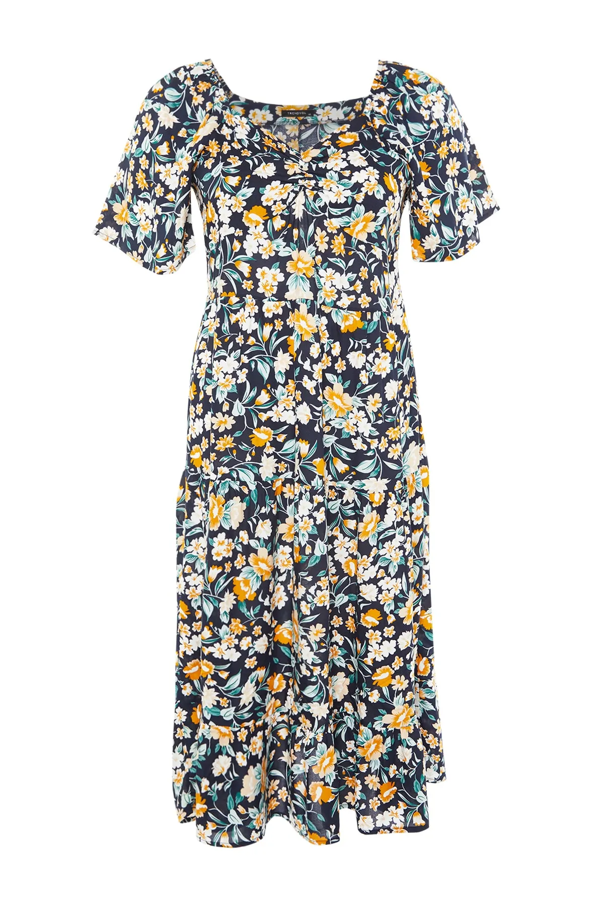 Trendyol Curve  Marineblaues Kleid mit floralem Muster und gewebten Rüschendetails TBBSS22EL1600