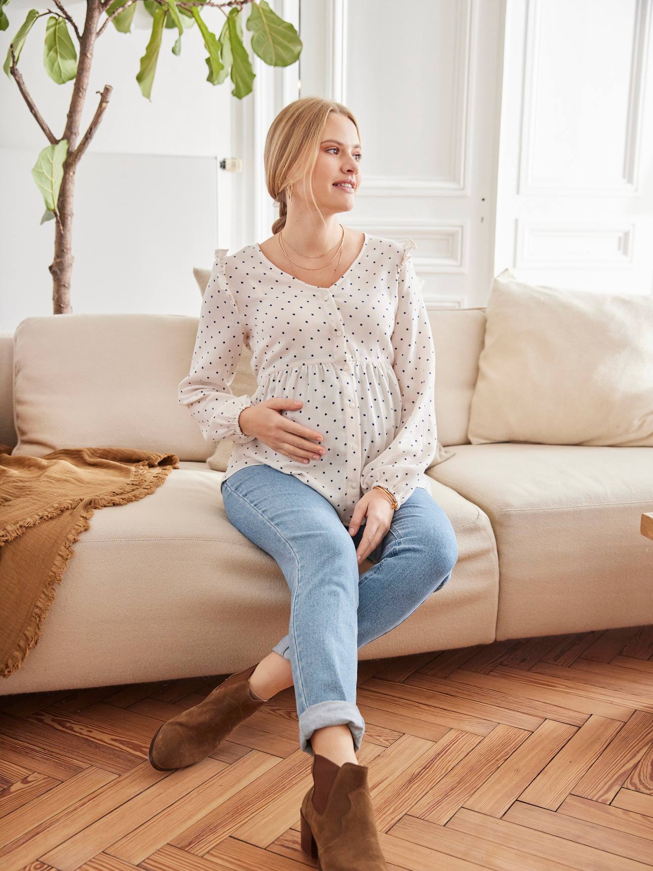 Blouse de grossesse et d'allaitement imprimé pois écru