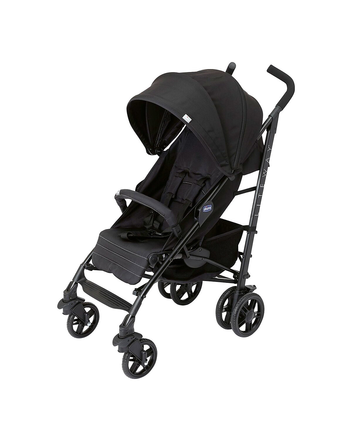 Buggy Sportwagen Lite Way4 schwarz, mit faltbarem Frontbügel 22Kg Traglast, mit neuem großen Verdeck und Textilen Design, inkl. Regenschutz, Einhängekorb