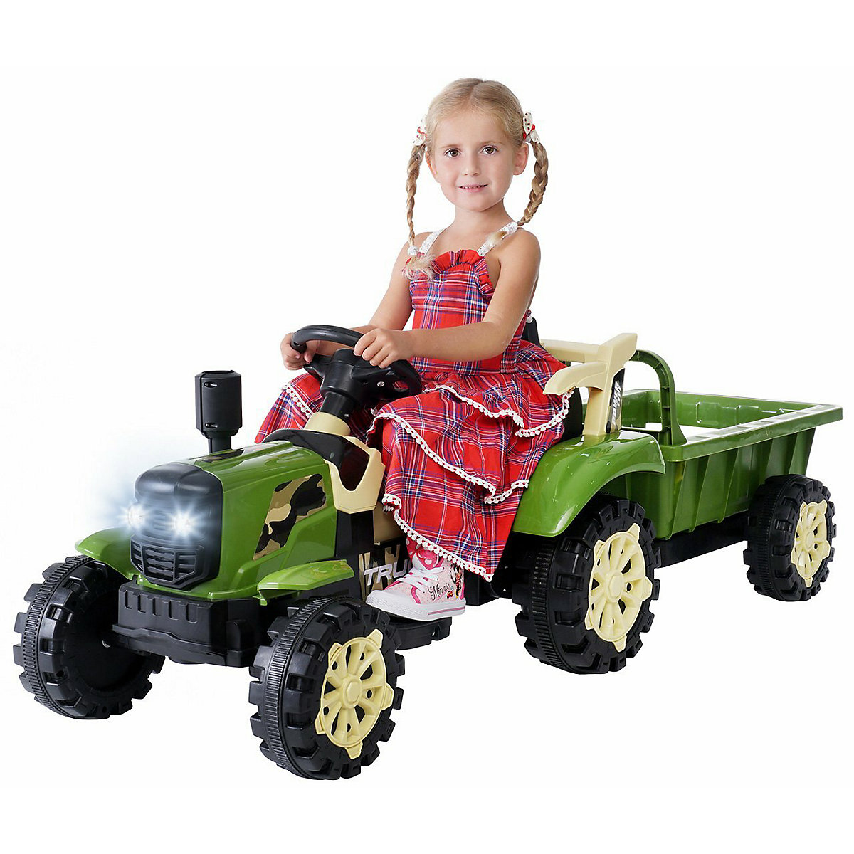 Kinder Elektroauto Traktor mit Anhänger - 2x25 Watt - Kinderauto mit Fernbedienung - Soundmodul
