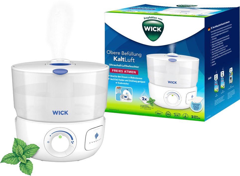 WICK Luftbefeuchter Obere Befüllung Kaltluft Ultraschall Luftbefeuchter - WUL585E, 2 l Wassertank, Neue Reinigungsfunktion: Anzeige mit Licht und Ton