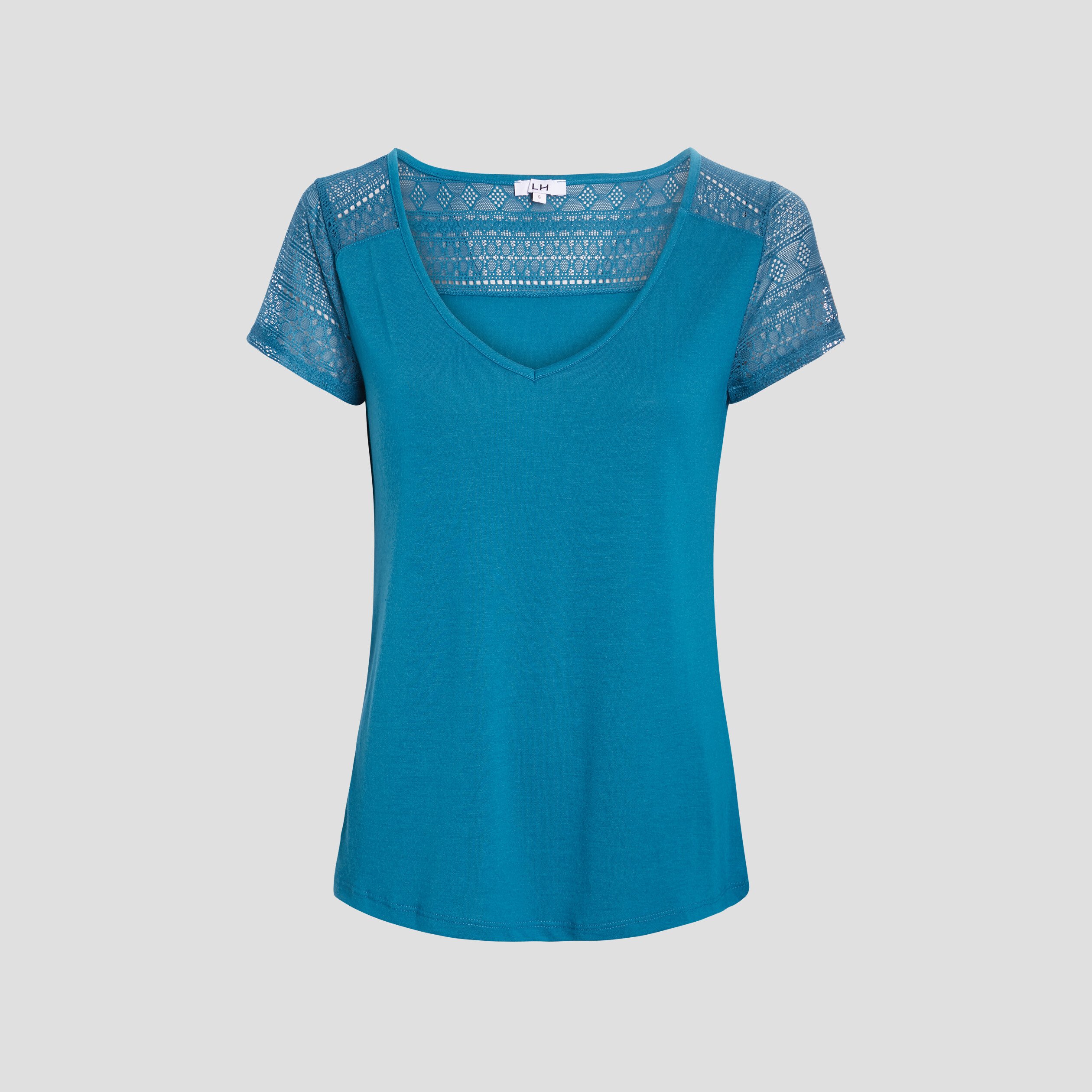T-shirt manches courtes détail dentelle bleu canard femme | La Halle