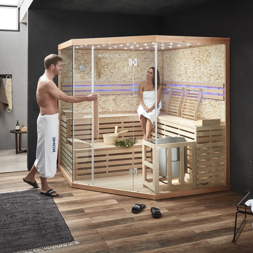 Home Deluxe Traditionelle Sauna SKYLINE XL BIG Kunststeinwand - 200 x 200 cm