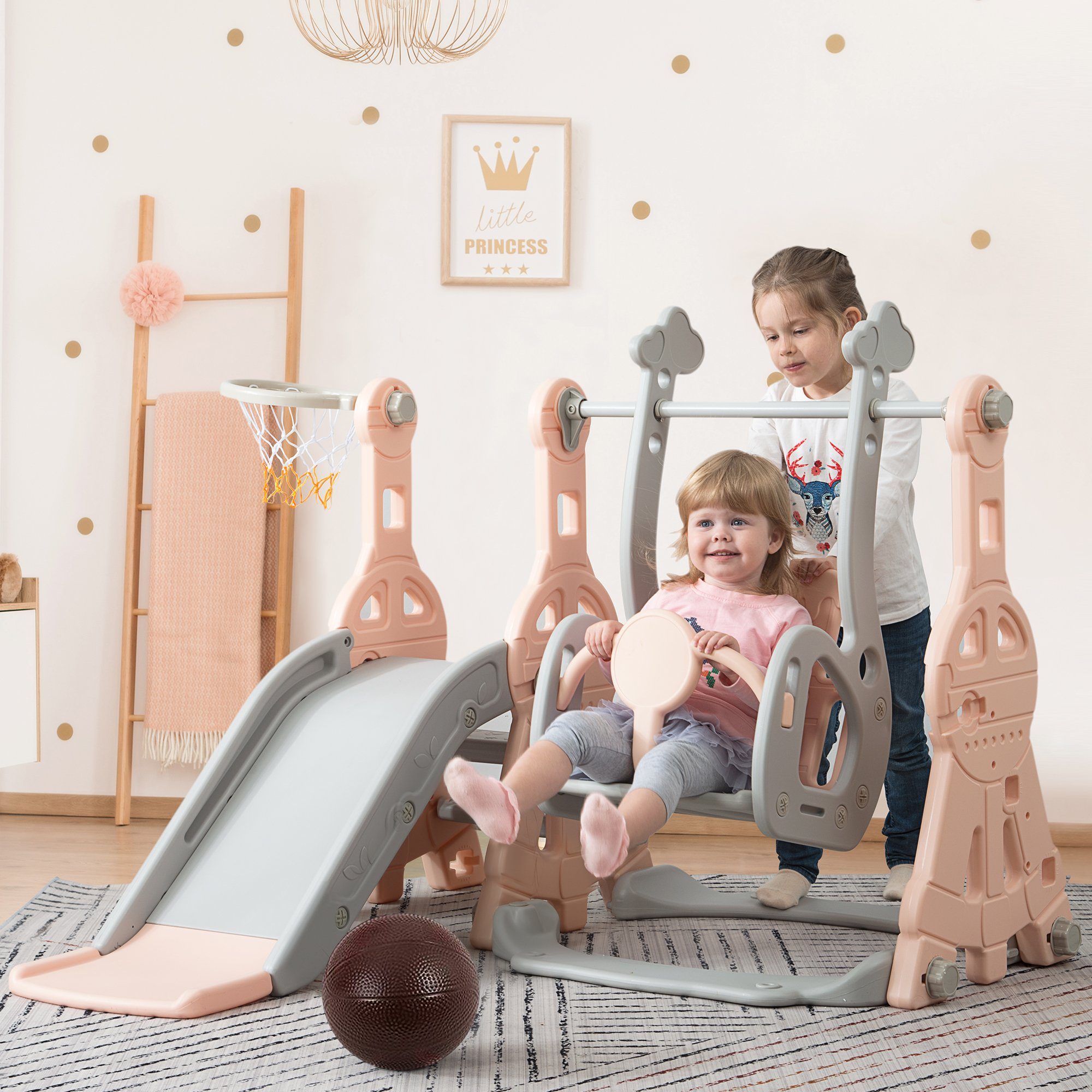 REDOM Indoor-Rutsche 4 in 1 Rutsche Kinderrutsche Fun-Slide Schaukel mit Basketballkorb, (Schaukel Rutsche Gartenrutsche mit Rutschbahn), für 1-6 Jahre Kinder Indoor & Outdoor
