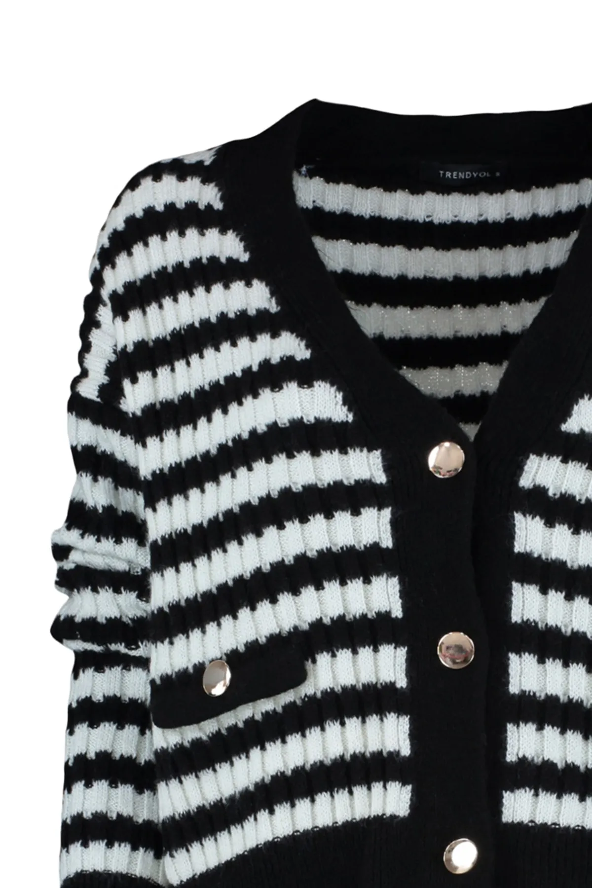 Trendyol Collection  Schwarzer, weich strukturierter Strickcardigan mit Streifen TWOAW23HI00266