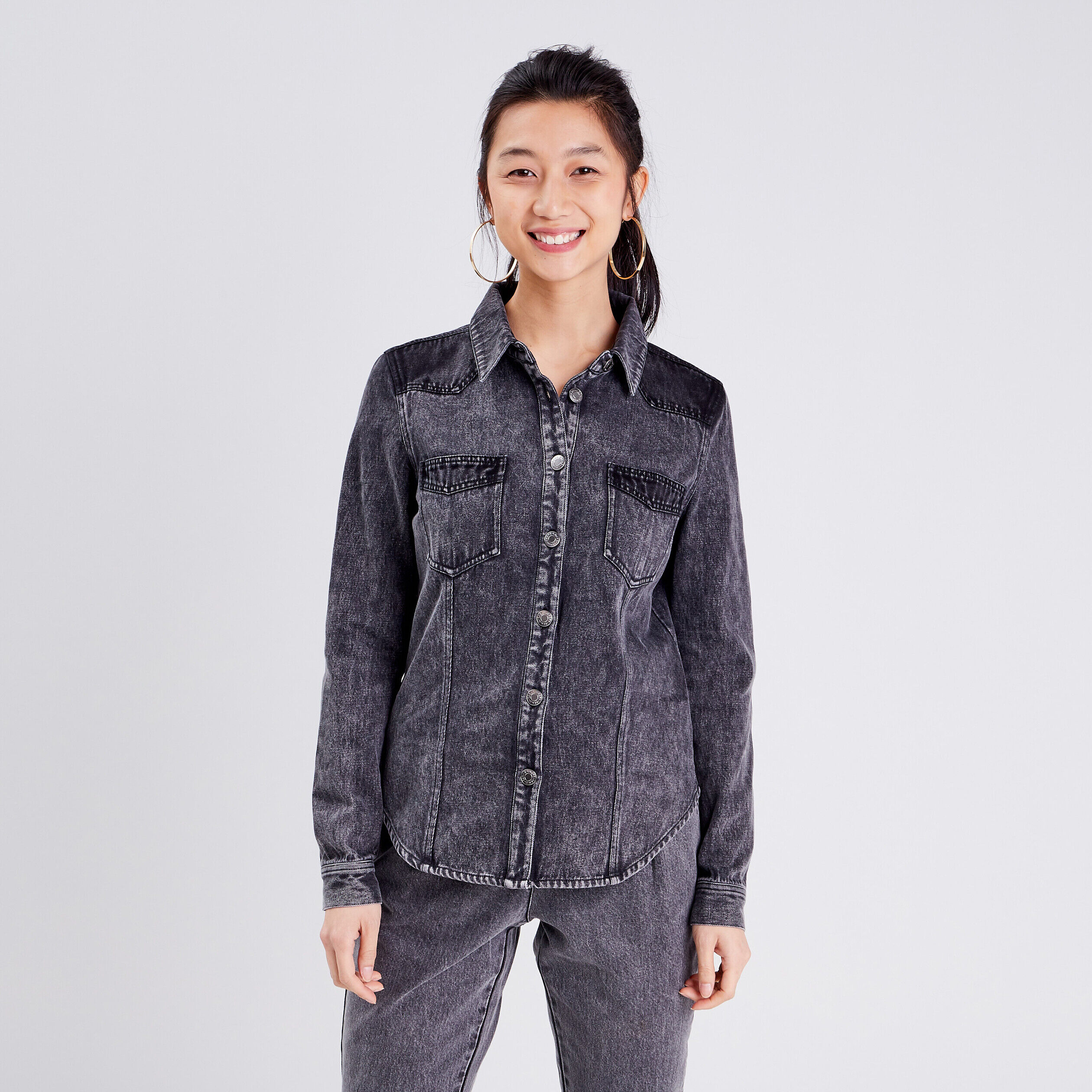 Chemise manches longues denim gris femme | Cache Cache