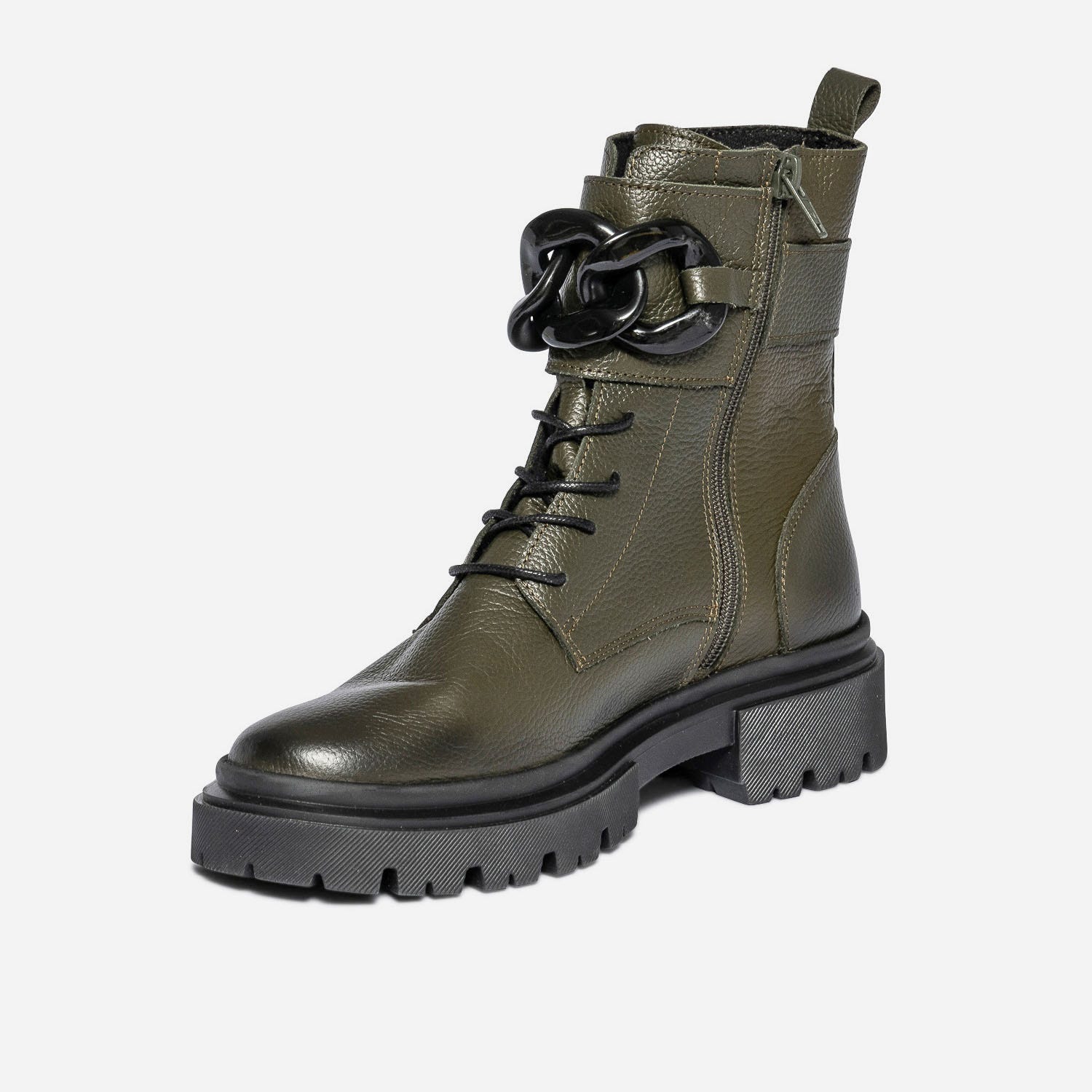 Bottine TEXTO kaki en cuir avec maxi chaîne