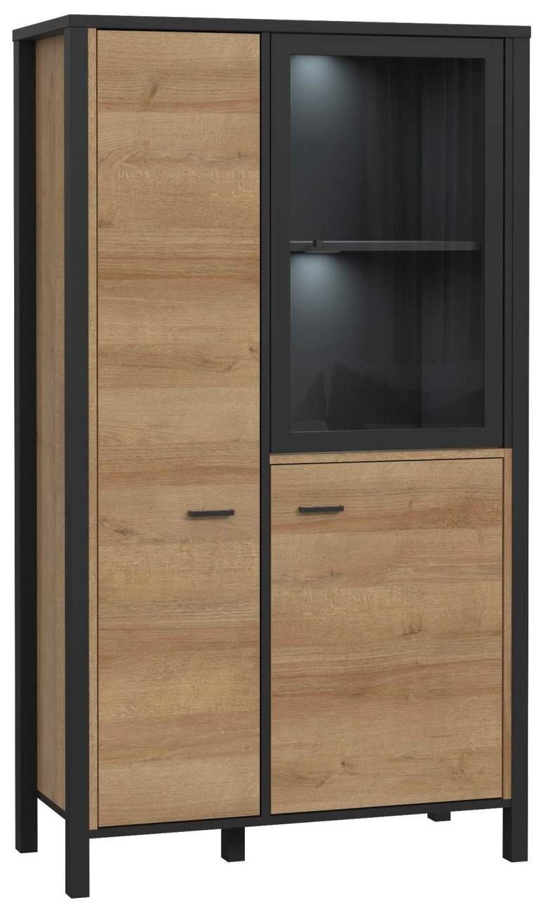 Forte Möbel Wohnwand Wohnwand HIGH ROCK 4-tlg. mit Beleuchtung Riviera Eiche Optik Schwarz, (Komplett-Set, 4-St., Highboard, Lowboard, Wandboard, Vitrine)