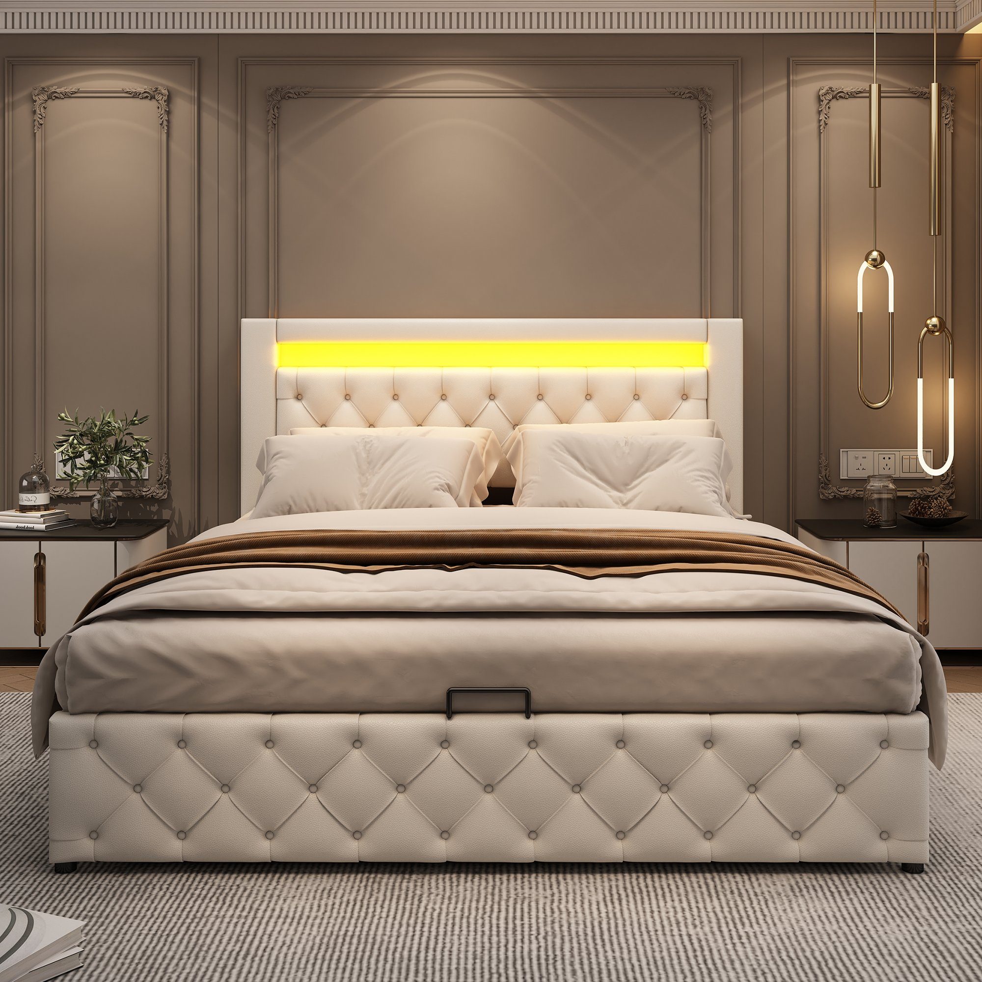 REDOM Polsterbett Polsterbett Doppelbett Stauraumbett Bett mit Lattenrost ohne Matratze (Leder, Hydraulisch 140 x 200 cm/180 x 200 cm), Funktionsbett mit Lattenrost und Stauraum, Mit LED-Beleuchtung