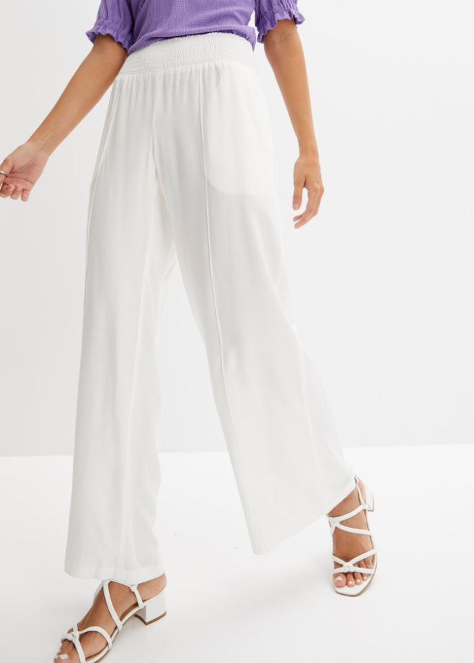 Weite Hose aus Viscose mit High-Waist-Smockbund, Crepegewebe