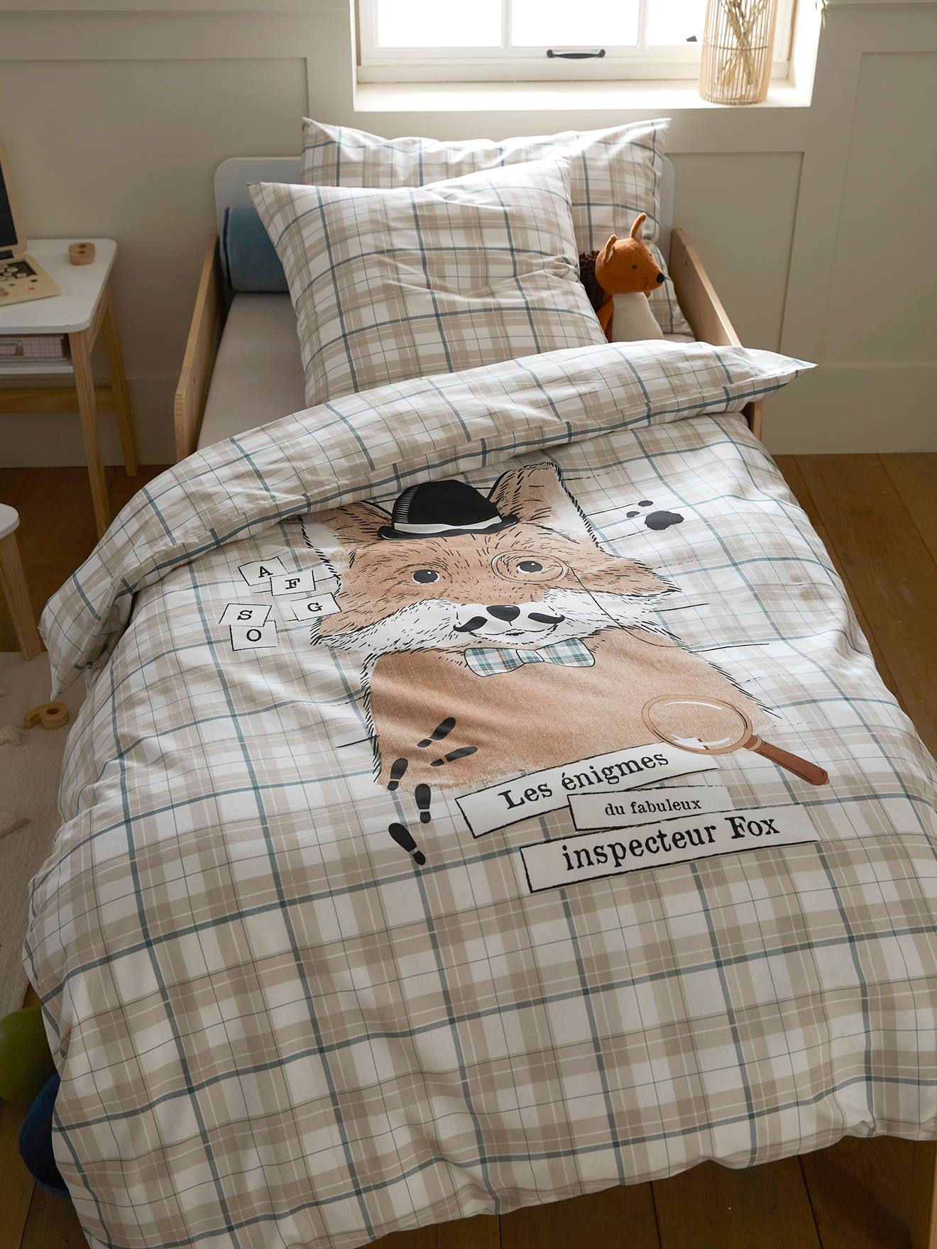 Parure housse de couette + taie d'oreiller enfant DANDY FOX beige