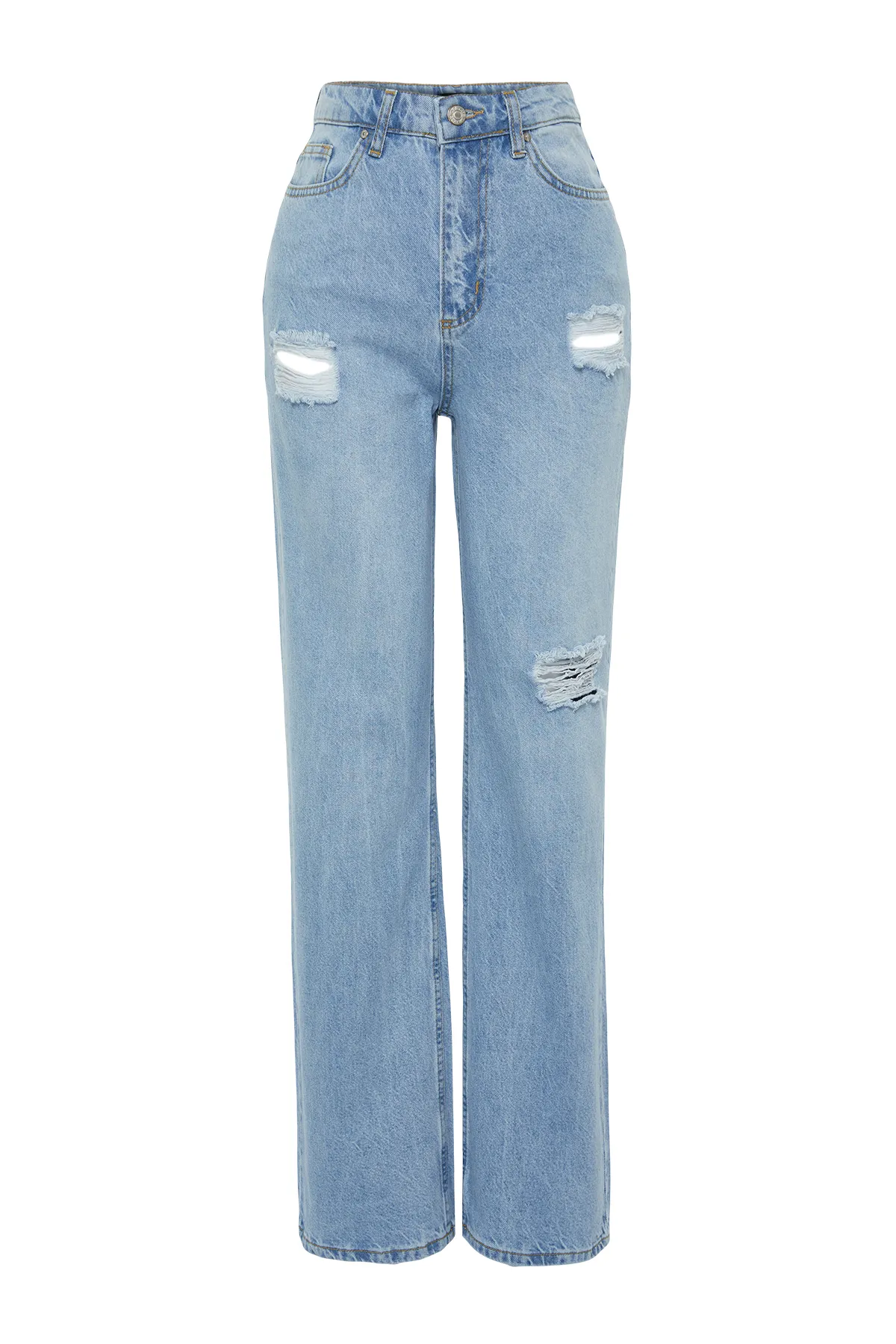Trendyol Collection  Hellblaue zerrissene Jeans mit hoher Taille und weitem Bein TWOAW23JE00140