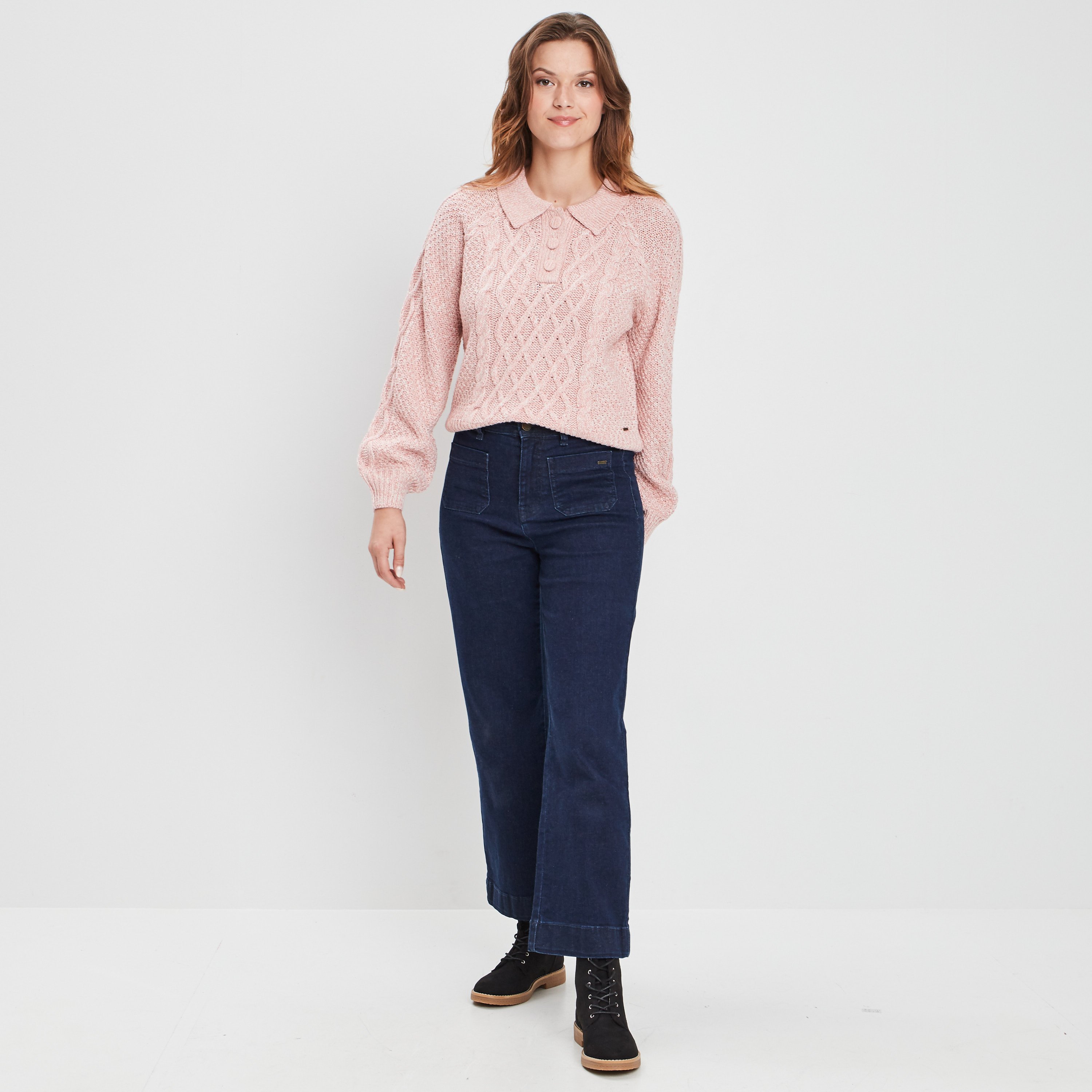 Pull à col polo boutonné rose femme | La Halle