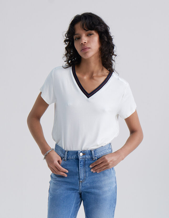 Tee-shirt écru bord-côte marine rayé Femme