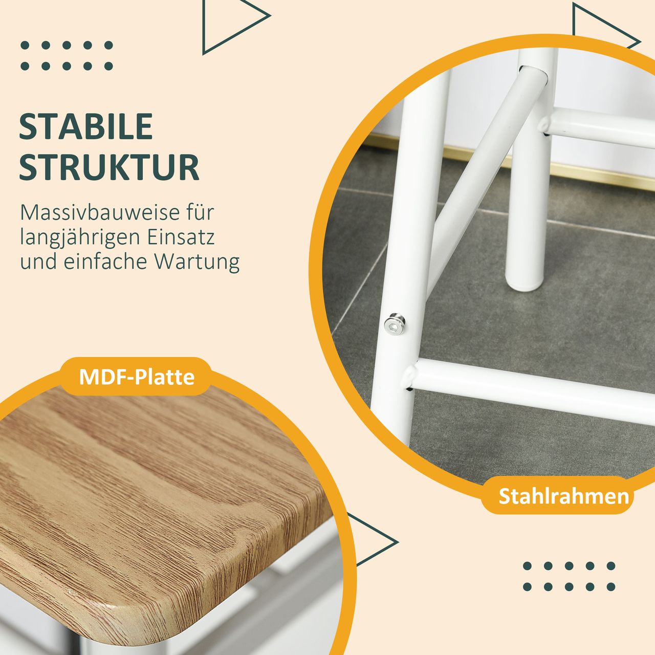 HOMCOM Bartisch Set 3-teilig Esstisch mit 2 Barhocker Küchentisch und Stühle Stehtisch und Barhocker mit Lagerregal MDF-Platte Stahl Weiß Eiche 80 x 50 x 90 cm
