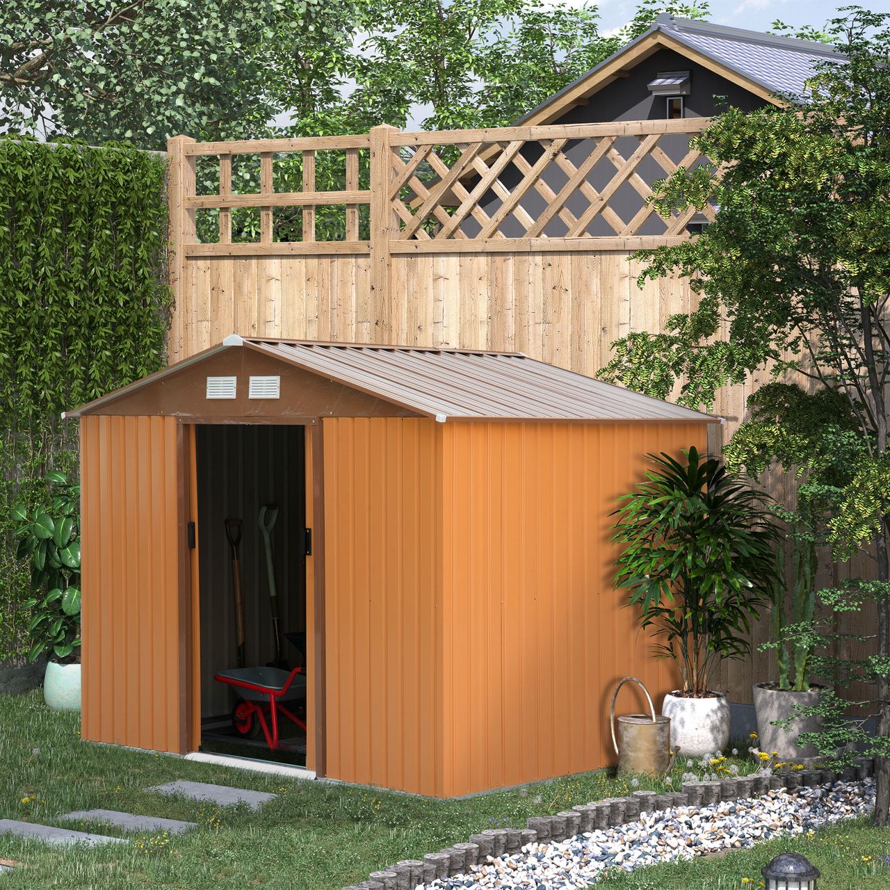 Outsunny Gerätehaus Geräteschuppen Gartenhaus Gelb 277 x 195 x 192 cm
