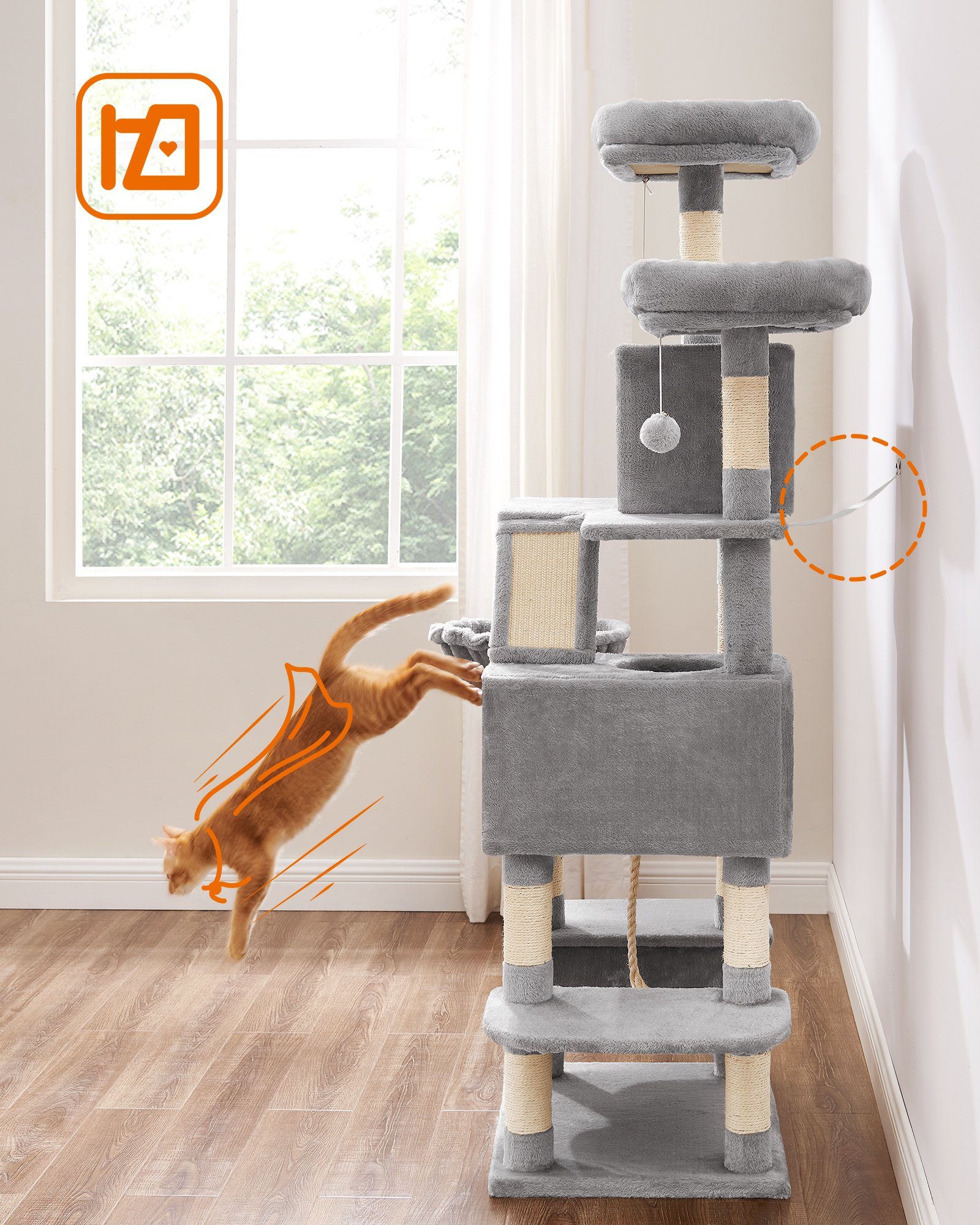 FEANDREA Kratzbaum, Katzenbaum,168cm,mehrstöckig für große Katzen,Kippschutz