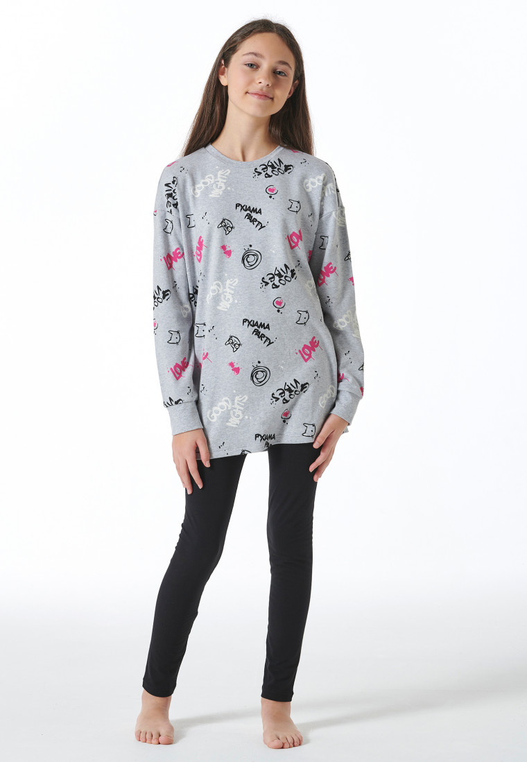 Schlafanzug lang Interlock Shirt mit Leggings Graffiti grau-meliert - Nightwear