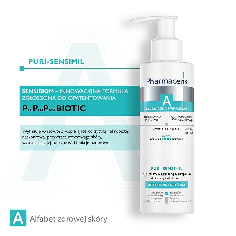 „Pharmaceris A Puri-Sensimil“ kreminė valomoji emulsija veidui ir paakių sričiai.