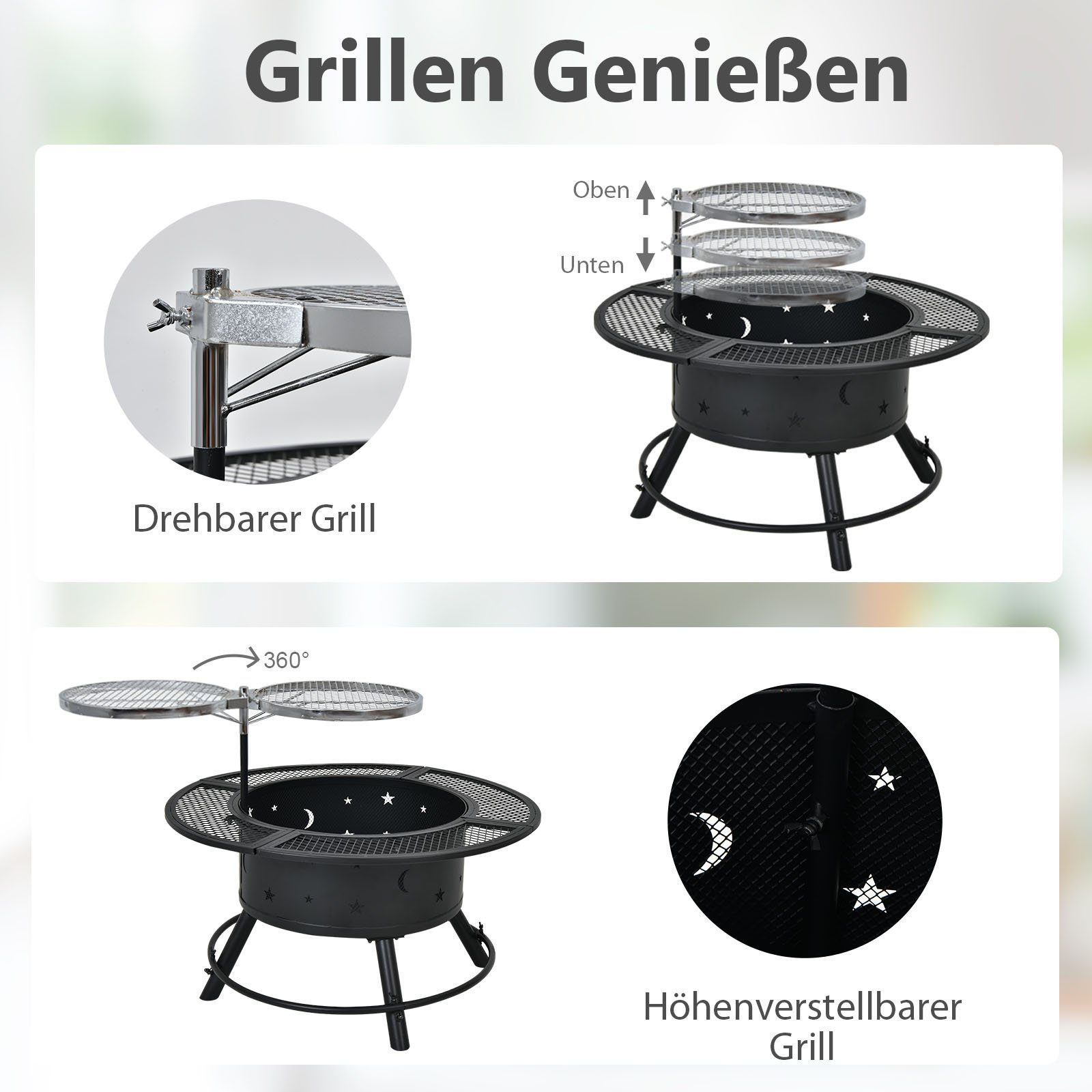 COSTWAY Feuerschale, Ø49cm, mit 360°Grillrost, höheverstellbar, mit Schürhaken